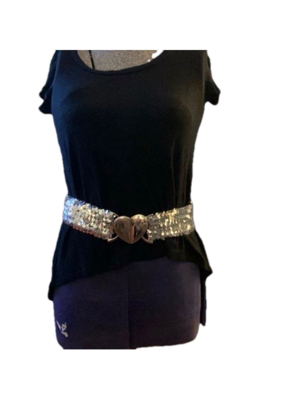 Stretchy sequin belt with large silver heart buckle